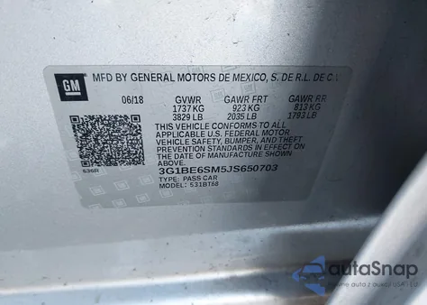 2018 Chevrolet Cruze Lt Auto из США, поврежденный, VIN 3G1BE6SM5JS650703